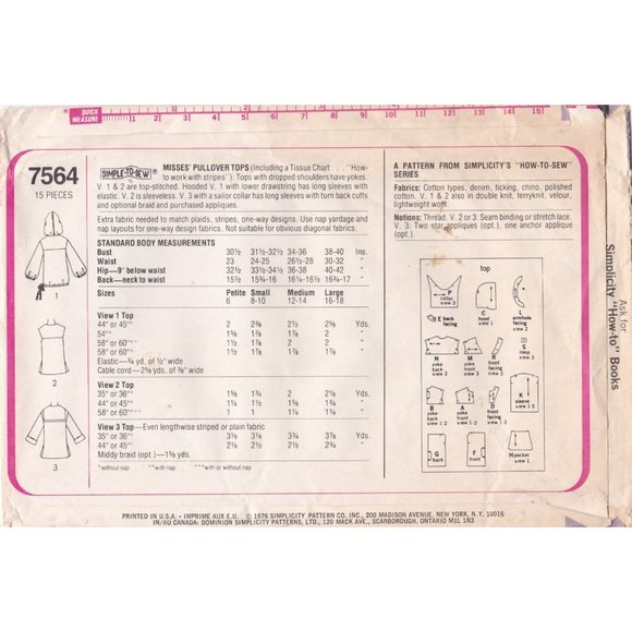 Vintage Sewing PATTERN Simplicity 7564, How to Sew 1976 Misses Pullover Tops - Picture 2 of 2